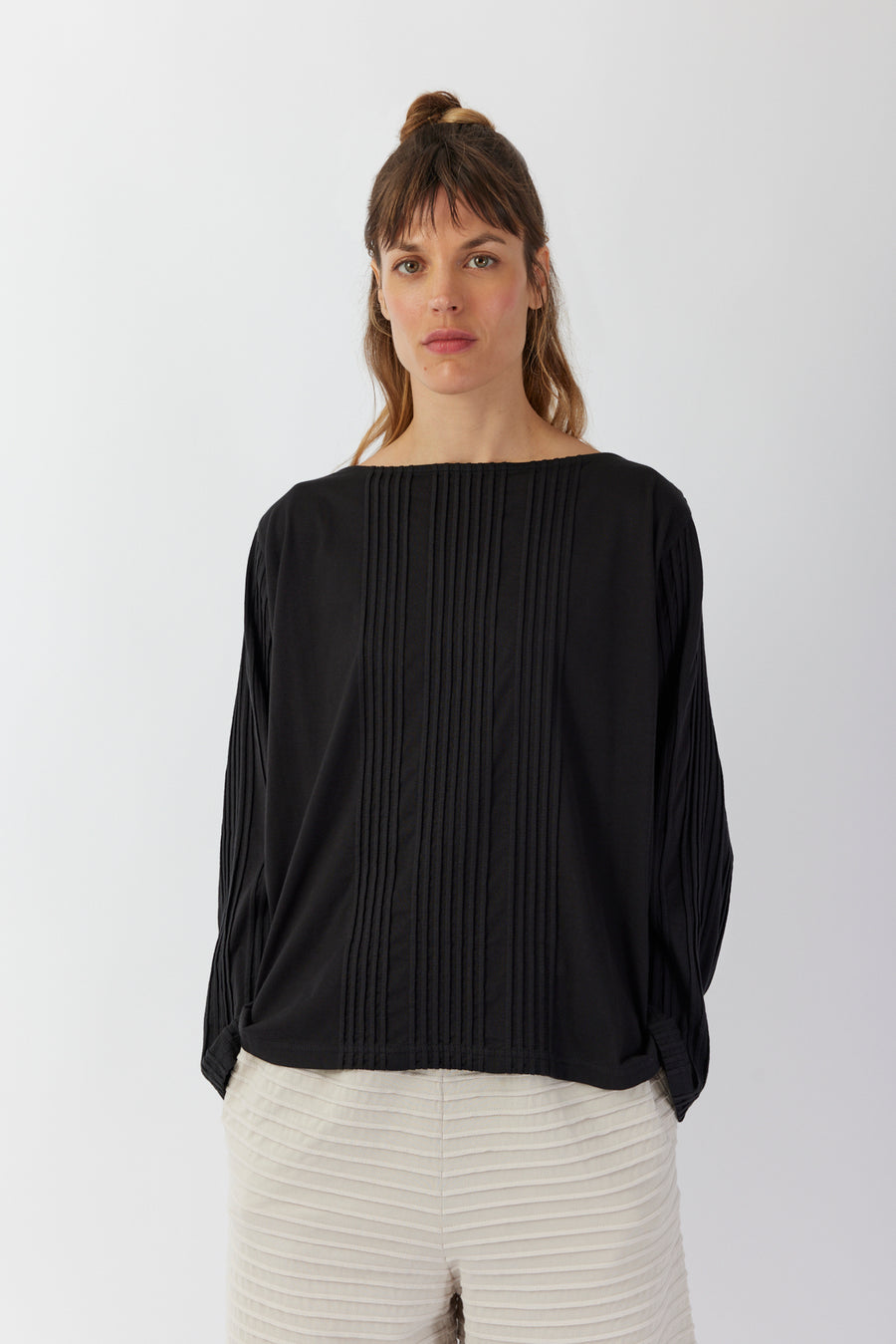 COTTON JERSEY PINTUCK BOATNECK TOP