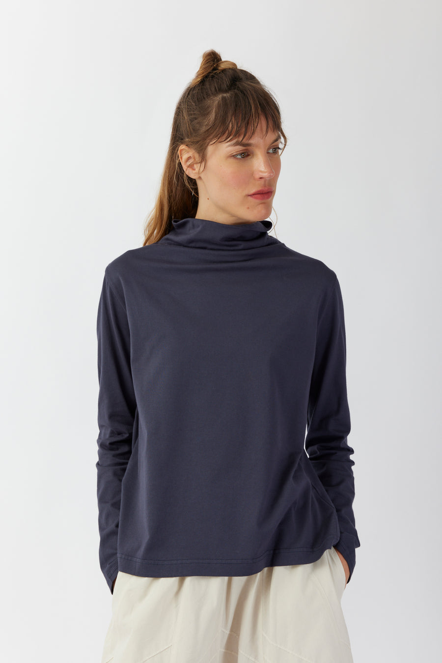 DRAPED NECK COTTON JERSEY TOP