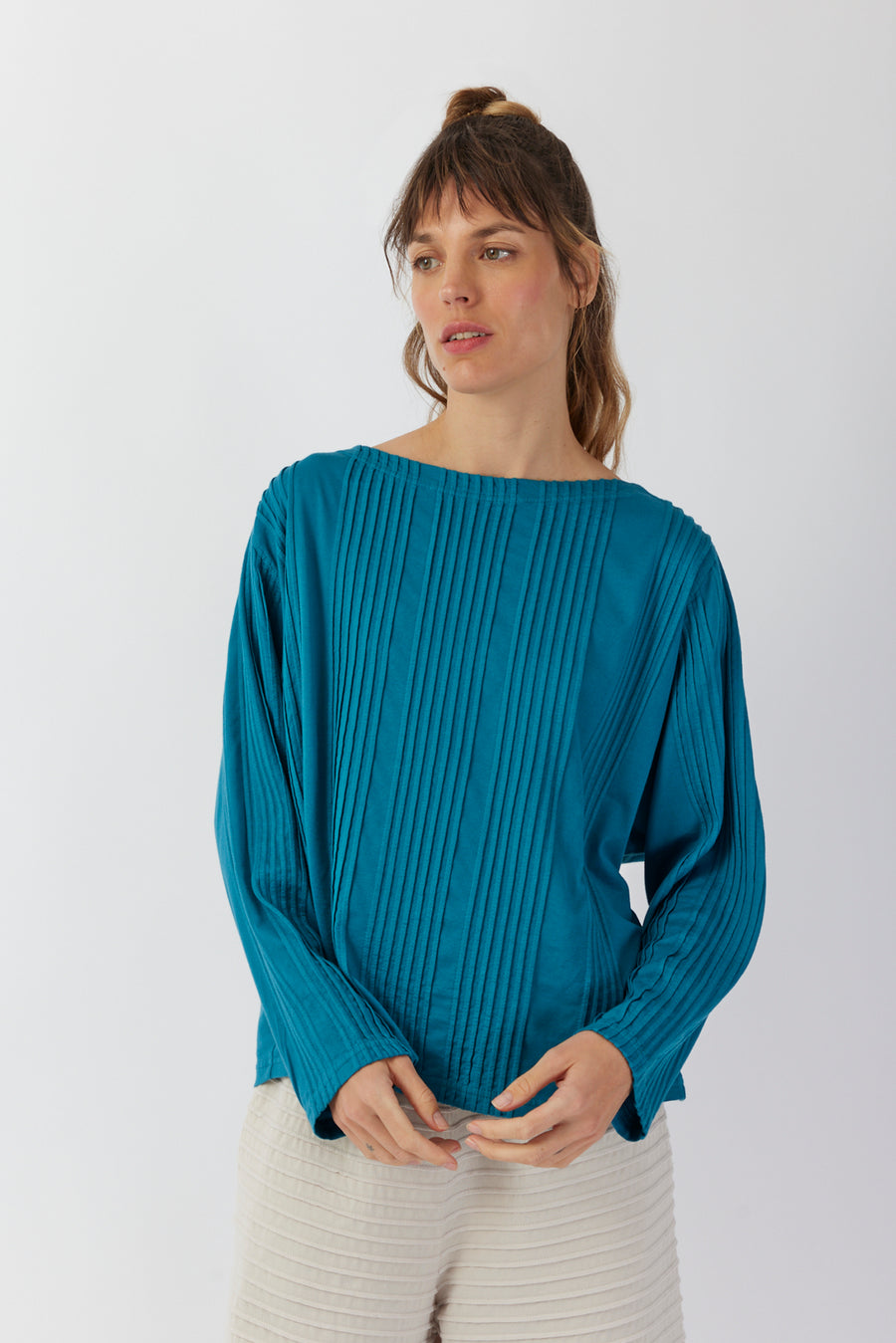 COTTON JERSEY PINTUCK BOATNECK TOP