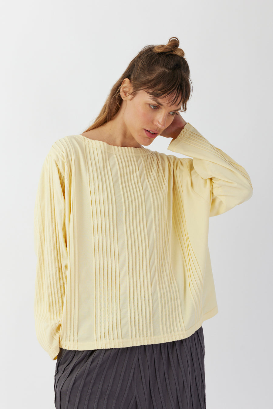 COTTON JERSEY PINTUCK BOATNECK TOP