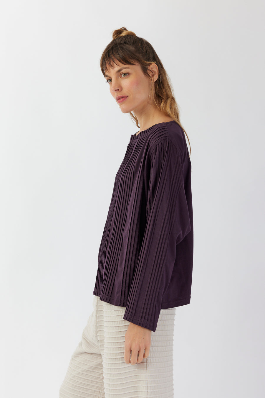 COTTON JERSEY PINTUCK BOATNECK TOP