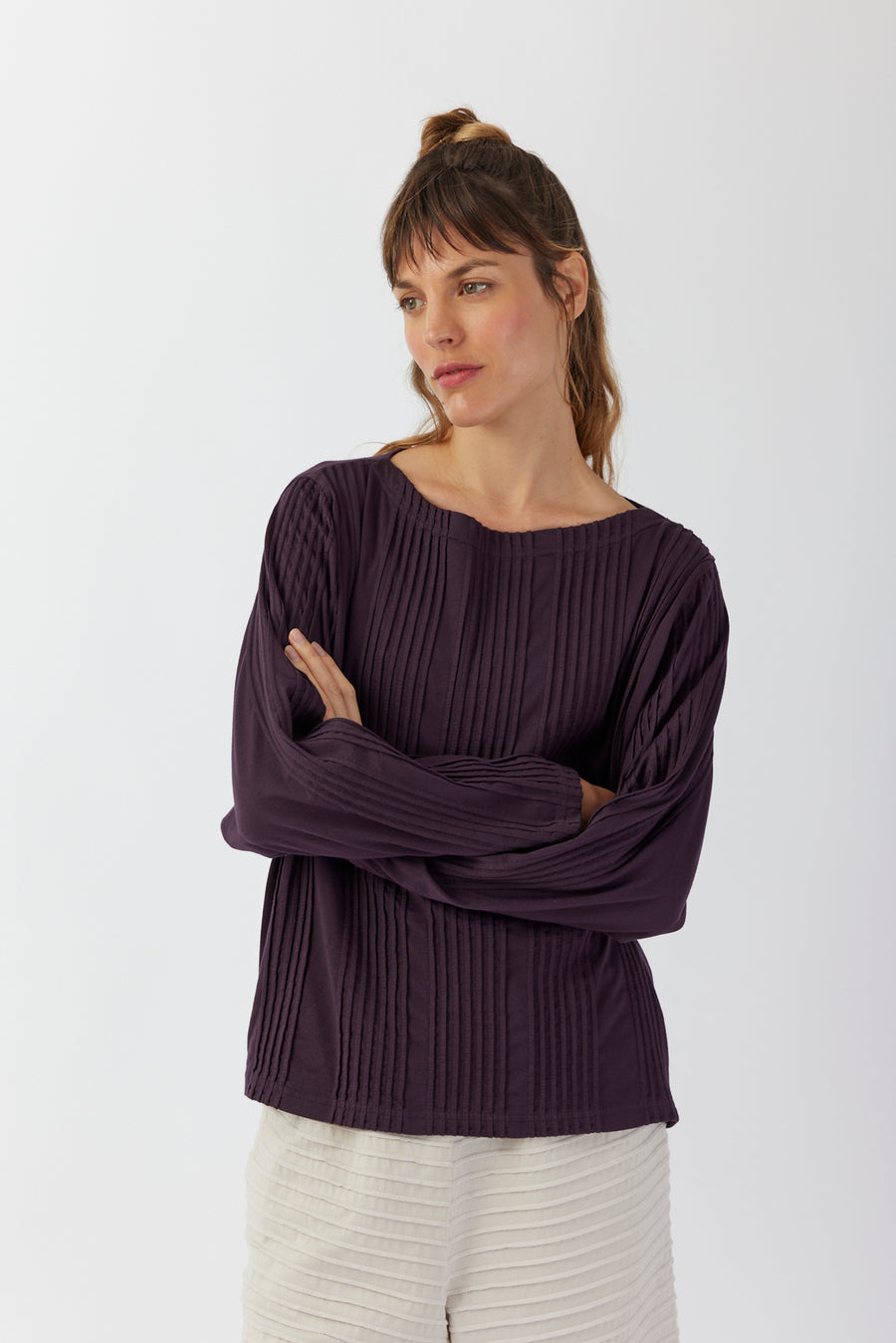 COTTON JERSEY PINTUCK BOATNECK TOP